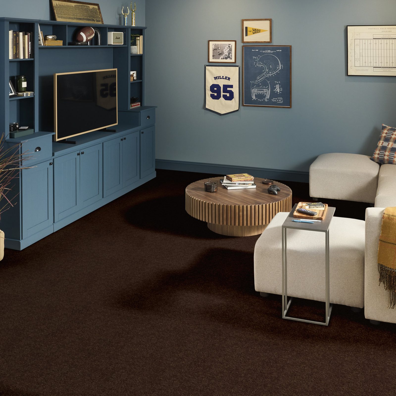 Shaw Break Away Solid Coffee Bean carpet installed in a room