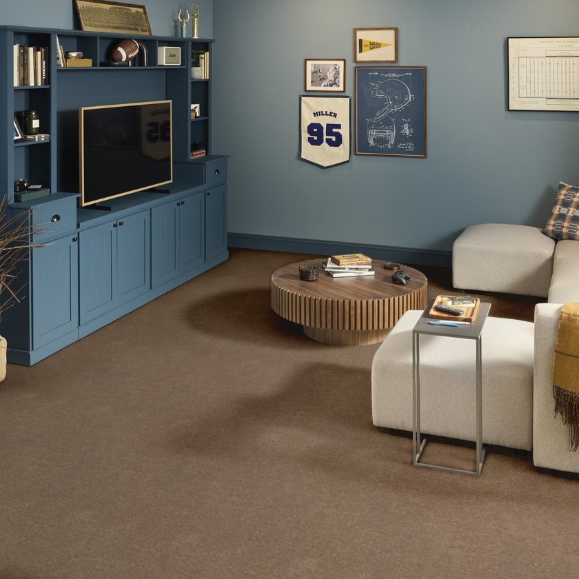 Shaw Dyersburg Classic Taupe Mist carpet installed in a room